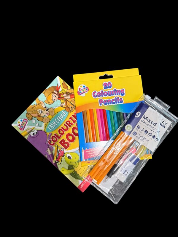 Bundle - Yellow Animal Colouring Book, 20 Colouring Pencils, 9pc Stationary Pack